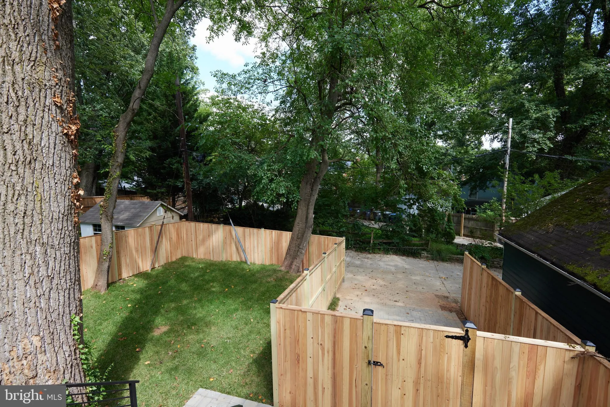 Tiered wooden fence creating sectioned outdoor space with trees