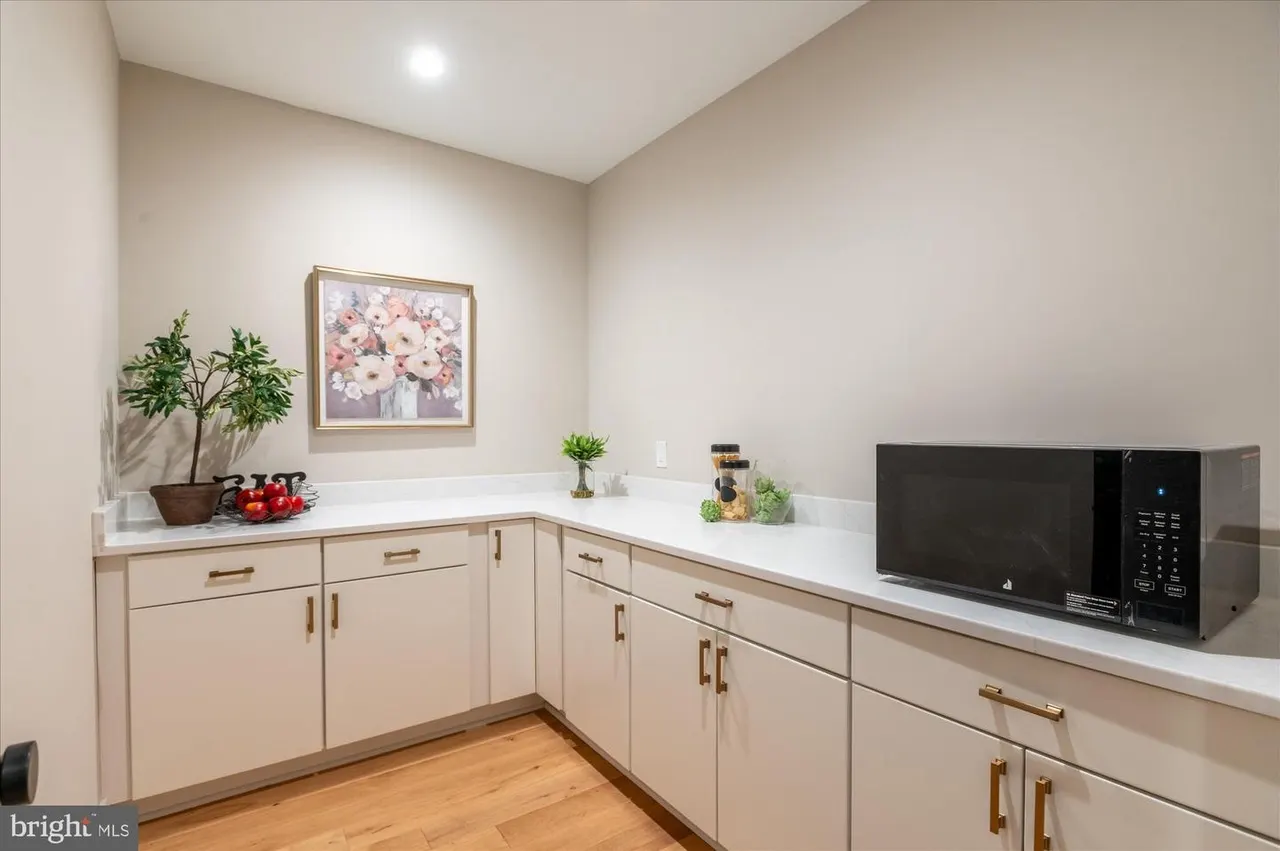 Butler's pantry with white cabinetry, white countertop, and microwave