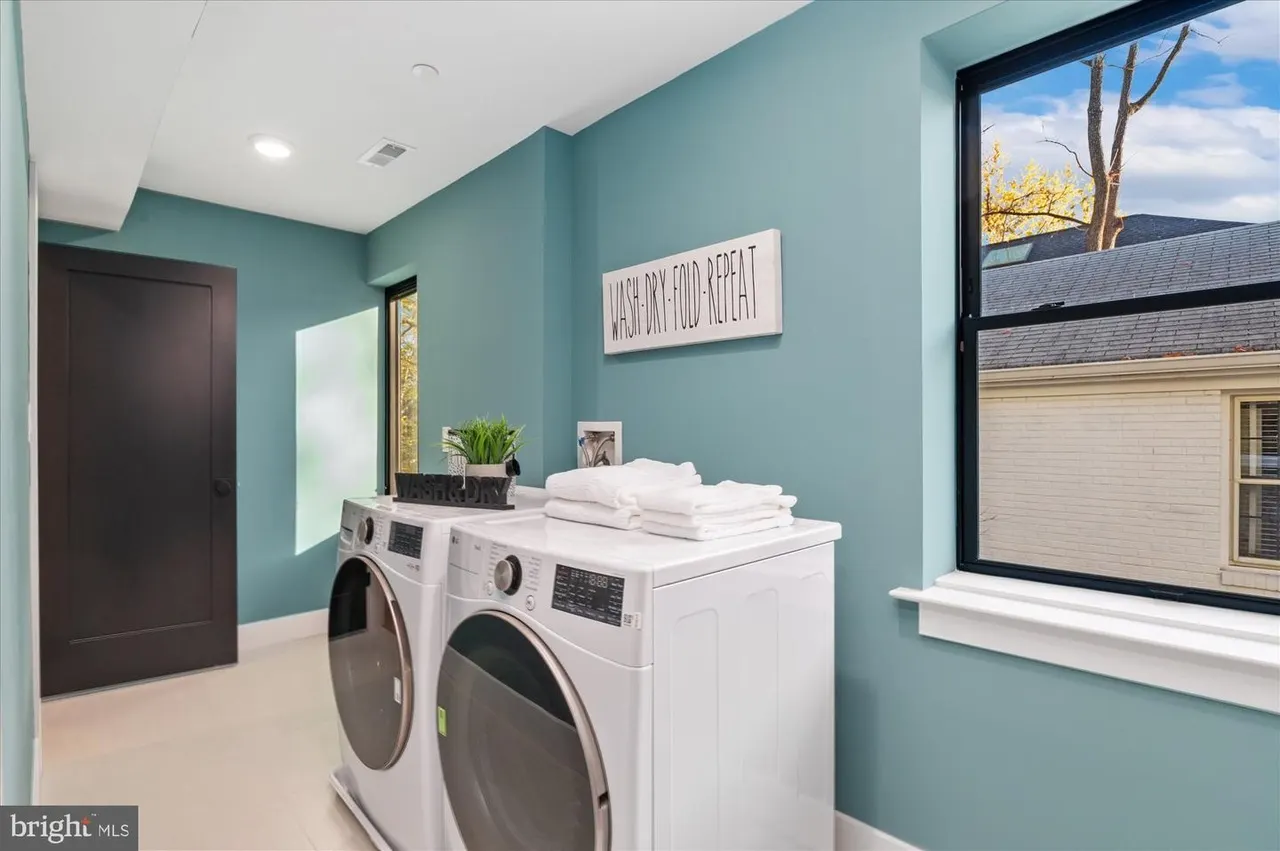 Laundry room with turquoise walls and front-load machines