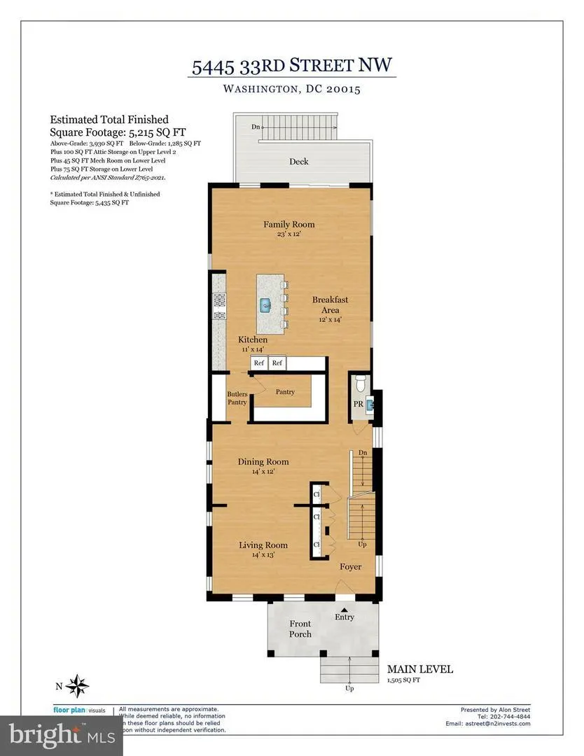 Main level floor plan with kitchen, dining, and living areas