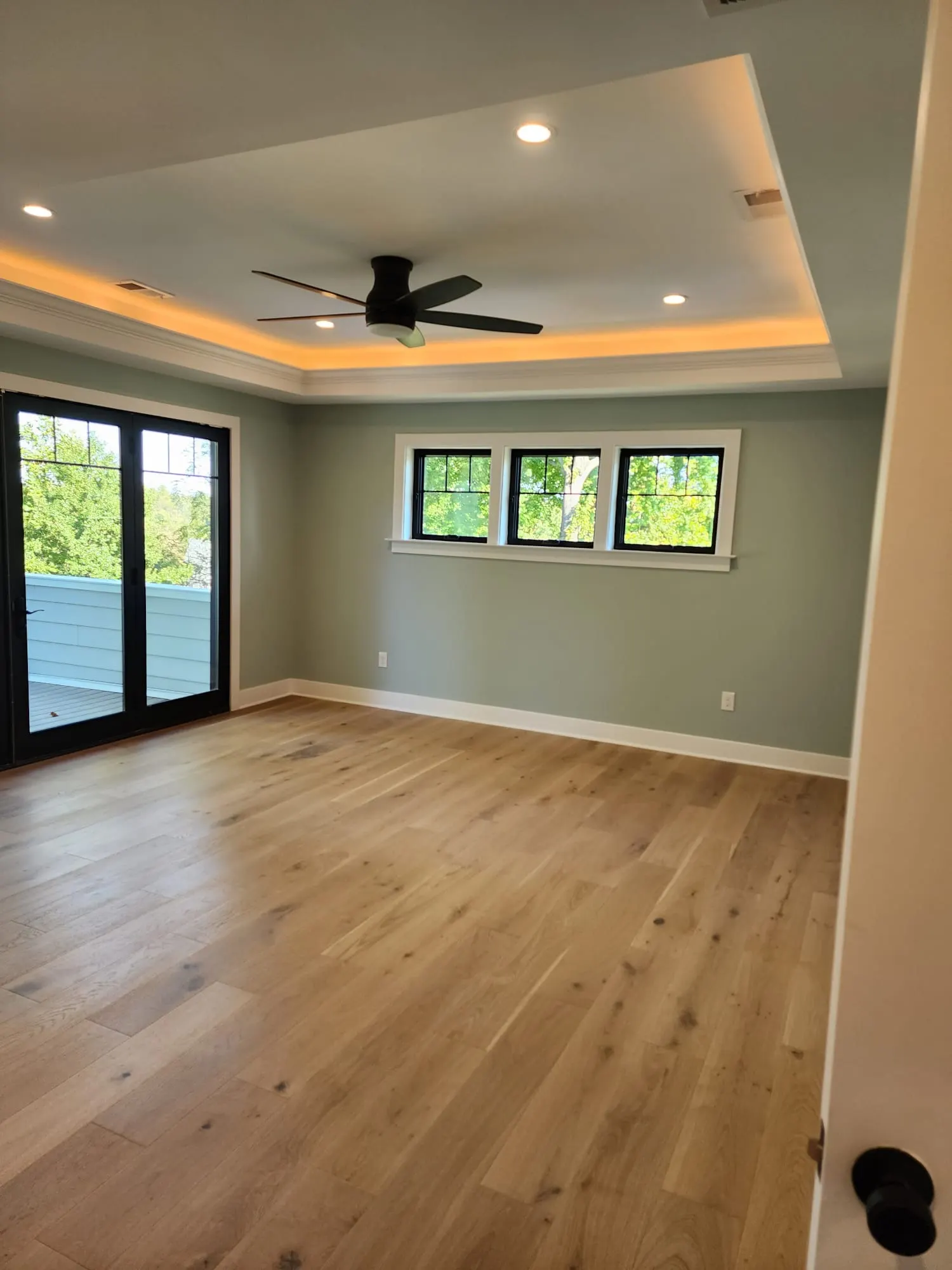 Bedroom with tray ceiling, cove lighting, and balcony doors