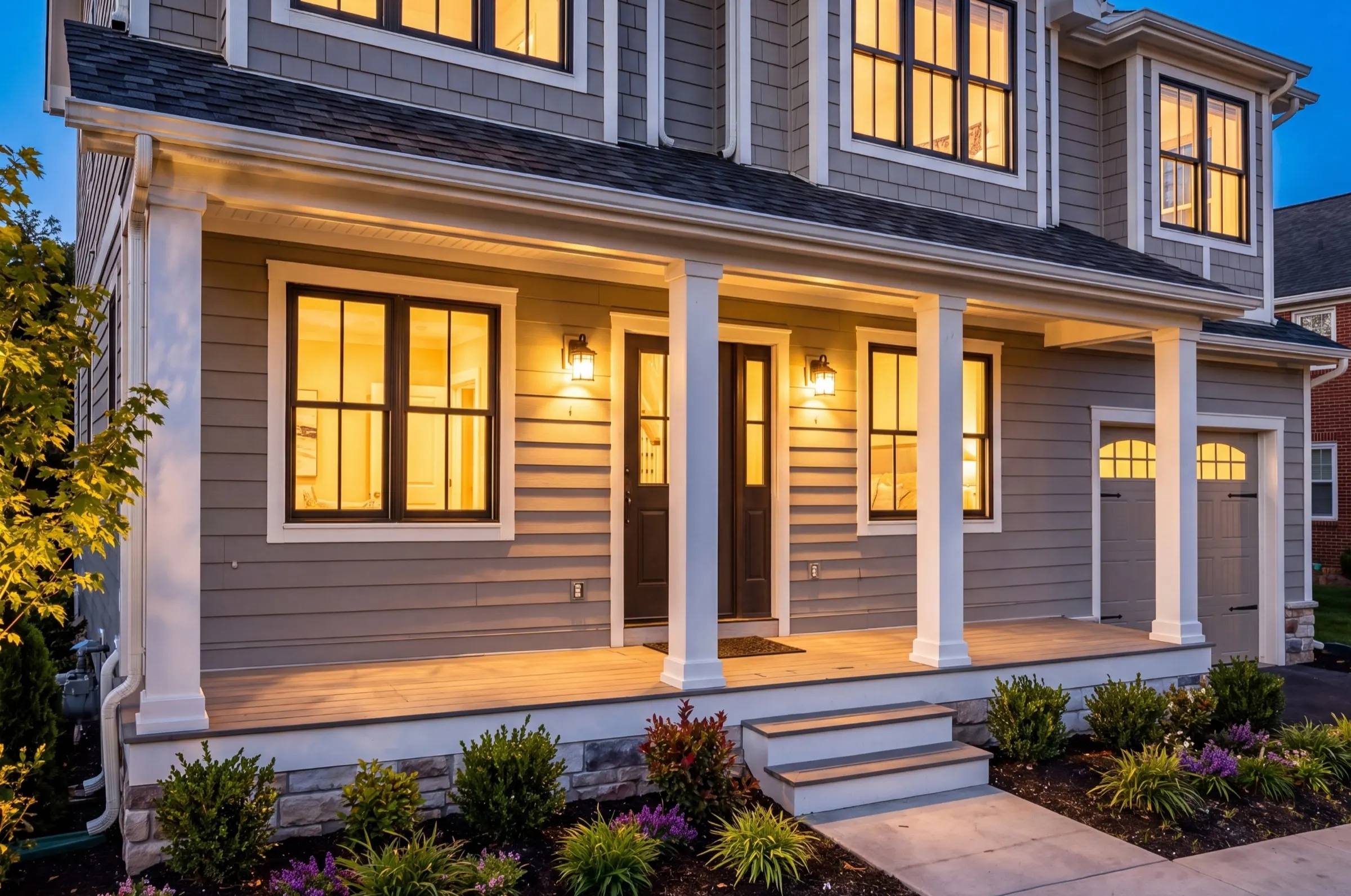 Covered front porch at dusk with white columns, lantern sconces, dark entry door, and stone foundation