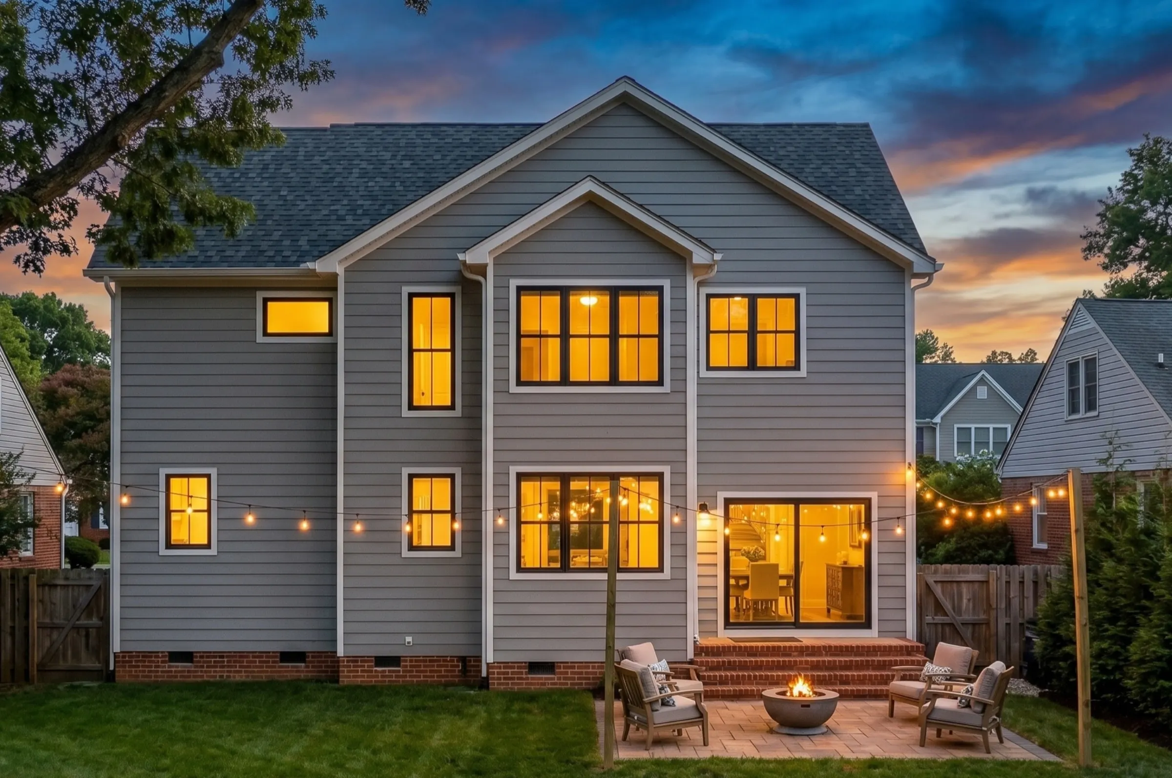 Back exterior at dusk with paver patio, fire pit seating area, string lights, and black-framed windows