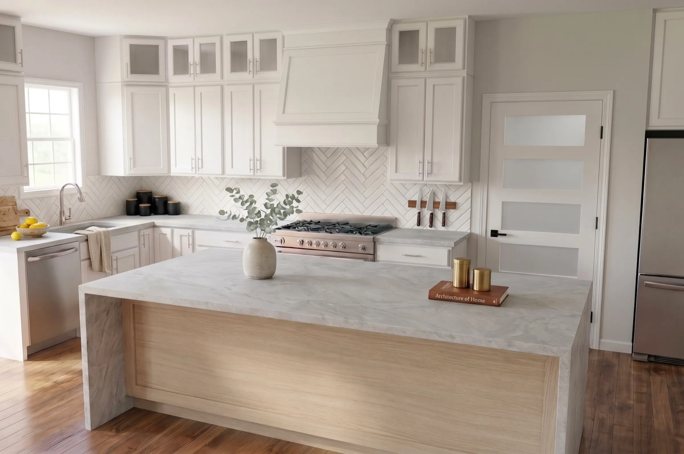 Kitchen with marble waterfall island, herringbone tile backsplash, custom hood, and white inset cabinetry