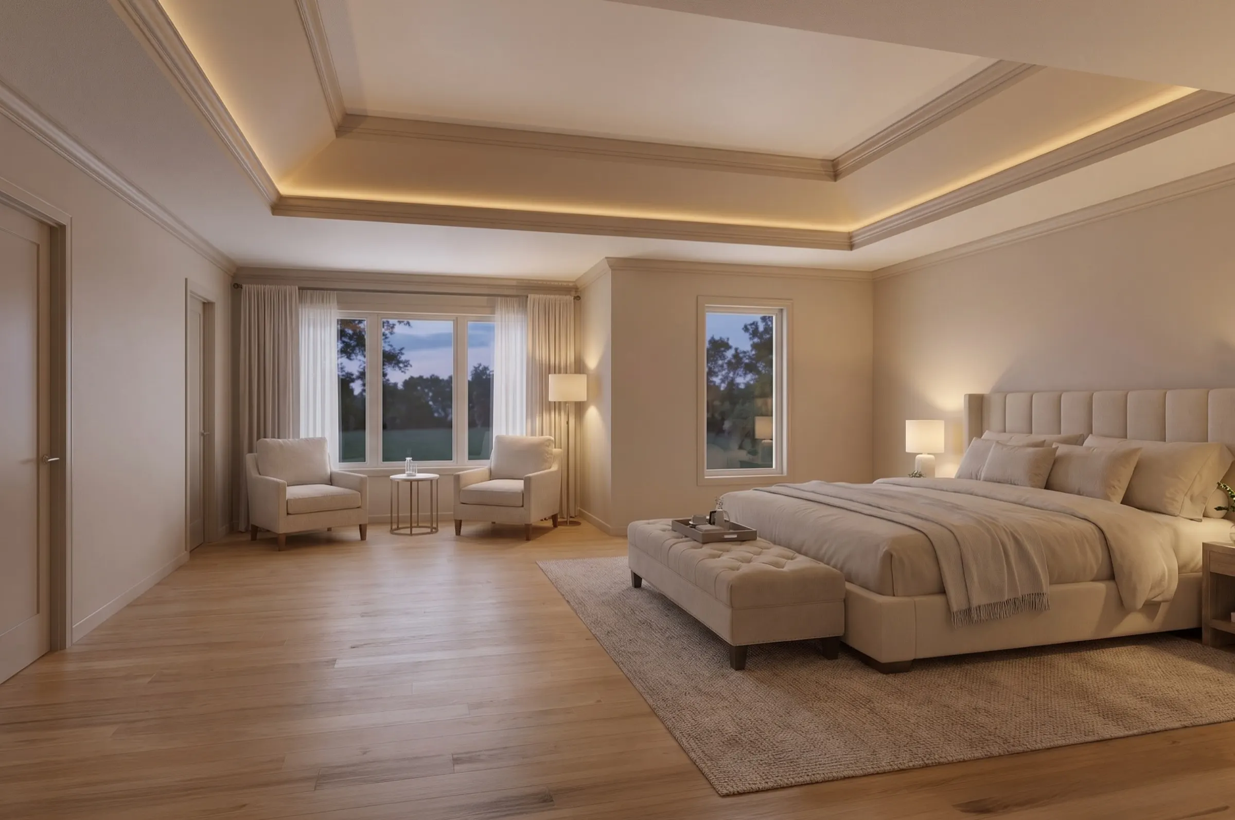 Primary suite with tray ceiling, cove lighting, king bed, sitting area, and wide-plank oak floors