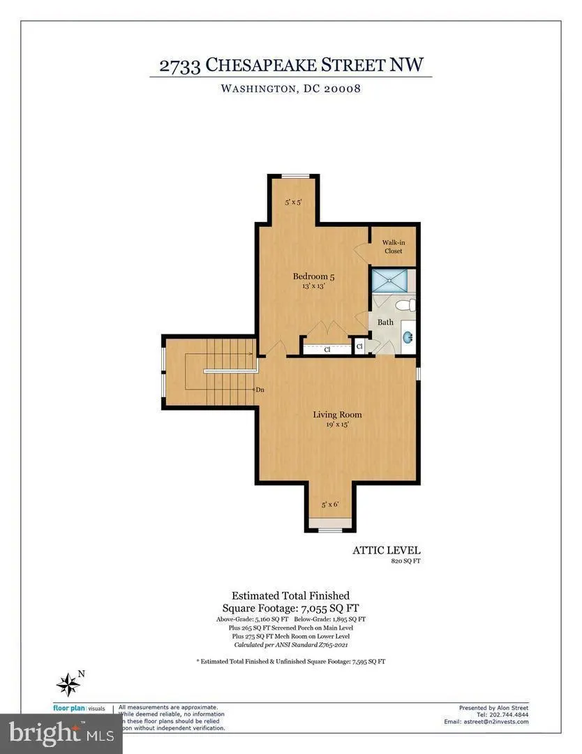 Attic level floor plan with bedroom 5 and living room