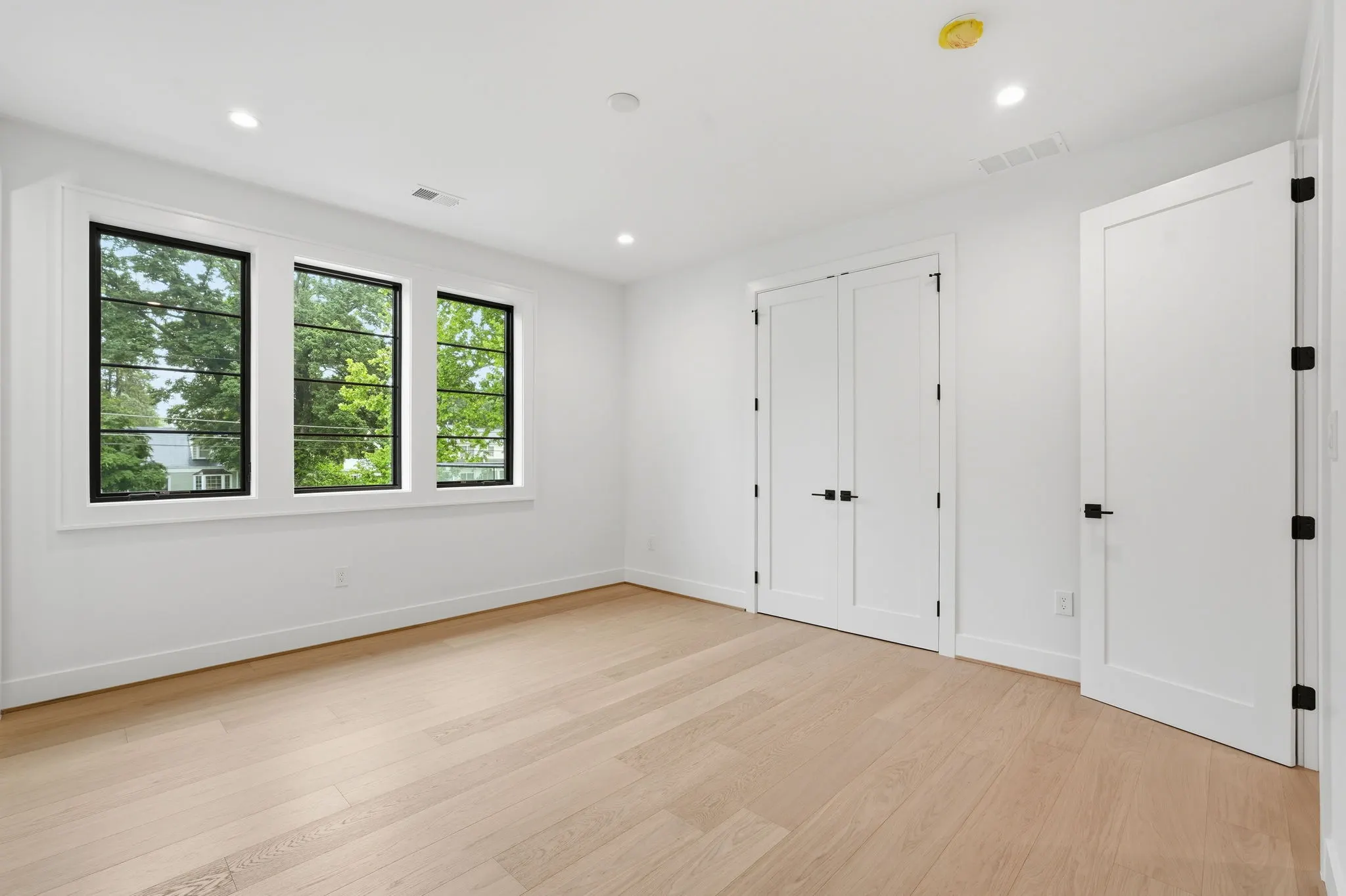 Bedroom with black-framed windows and white closet doors