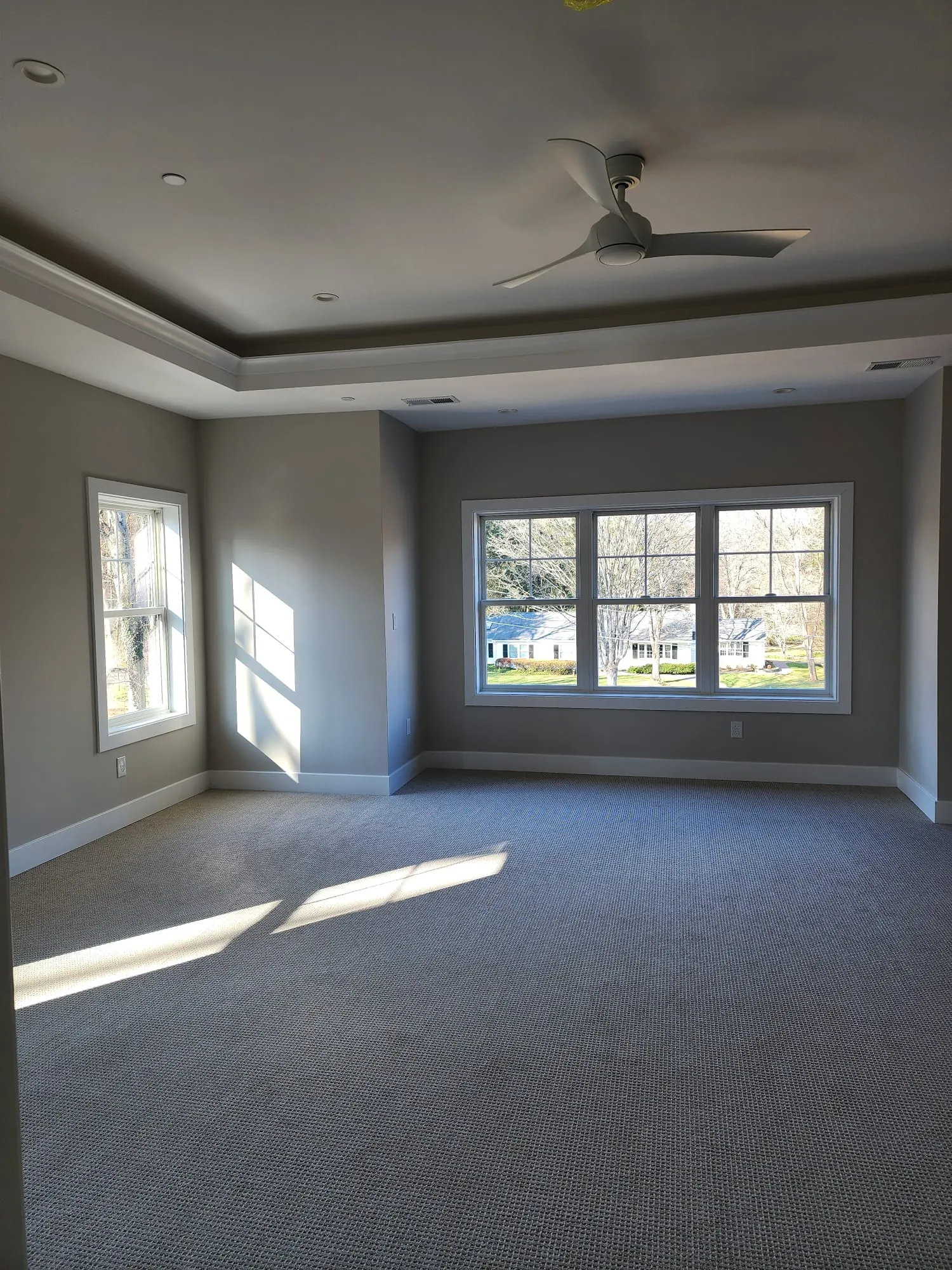 Carpeted primary bedroom with tray ceiling and ceiling fan