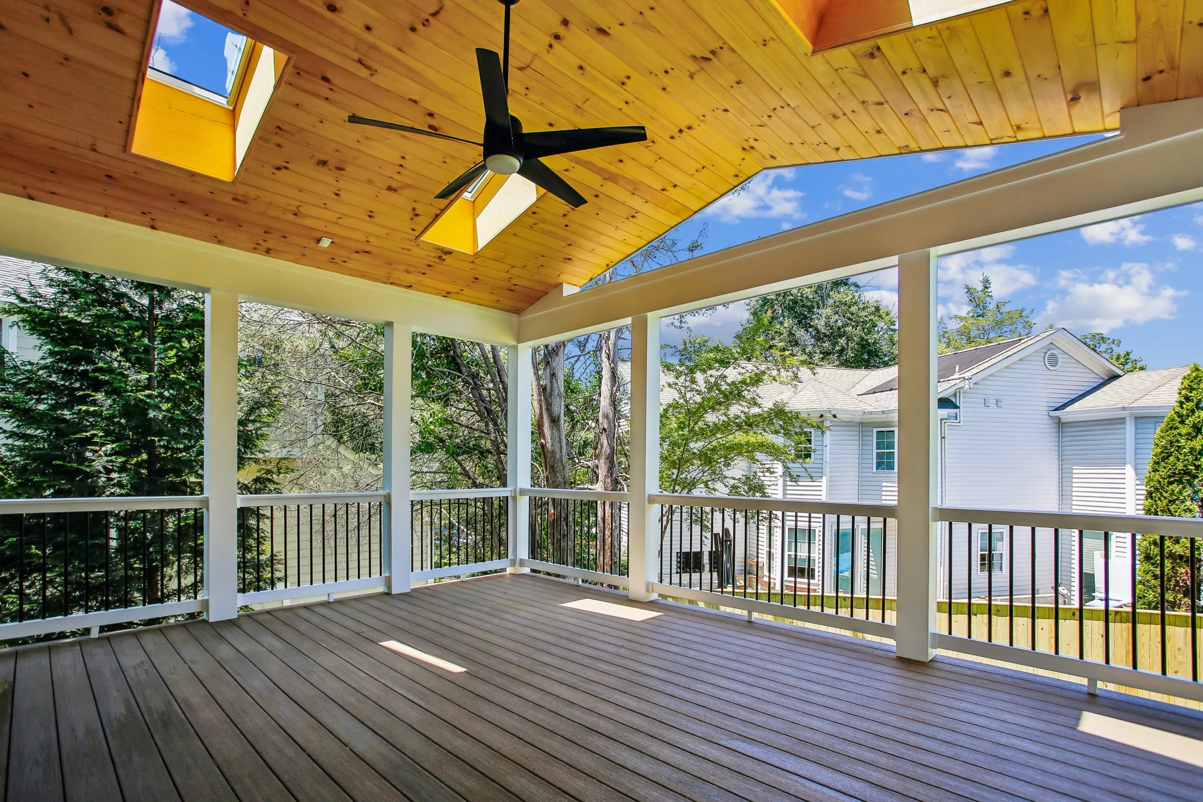 Covered deck with wood ceiling at 6003 Melvern Dr in Bethesda