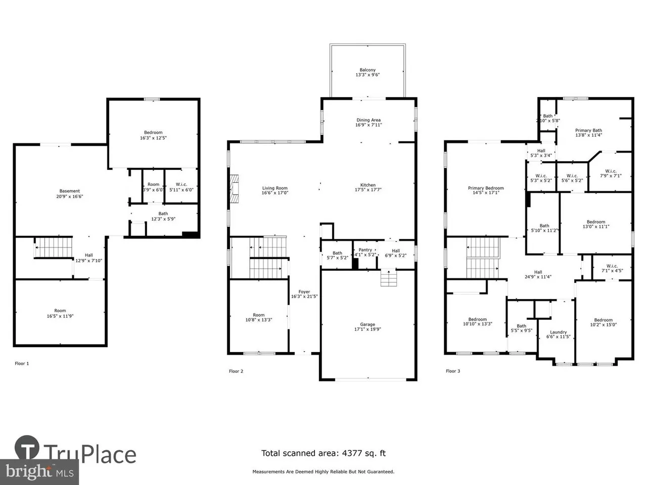 Multi-floor architectural plan showing three levels with bedrooms and living spaces