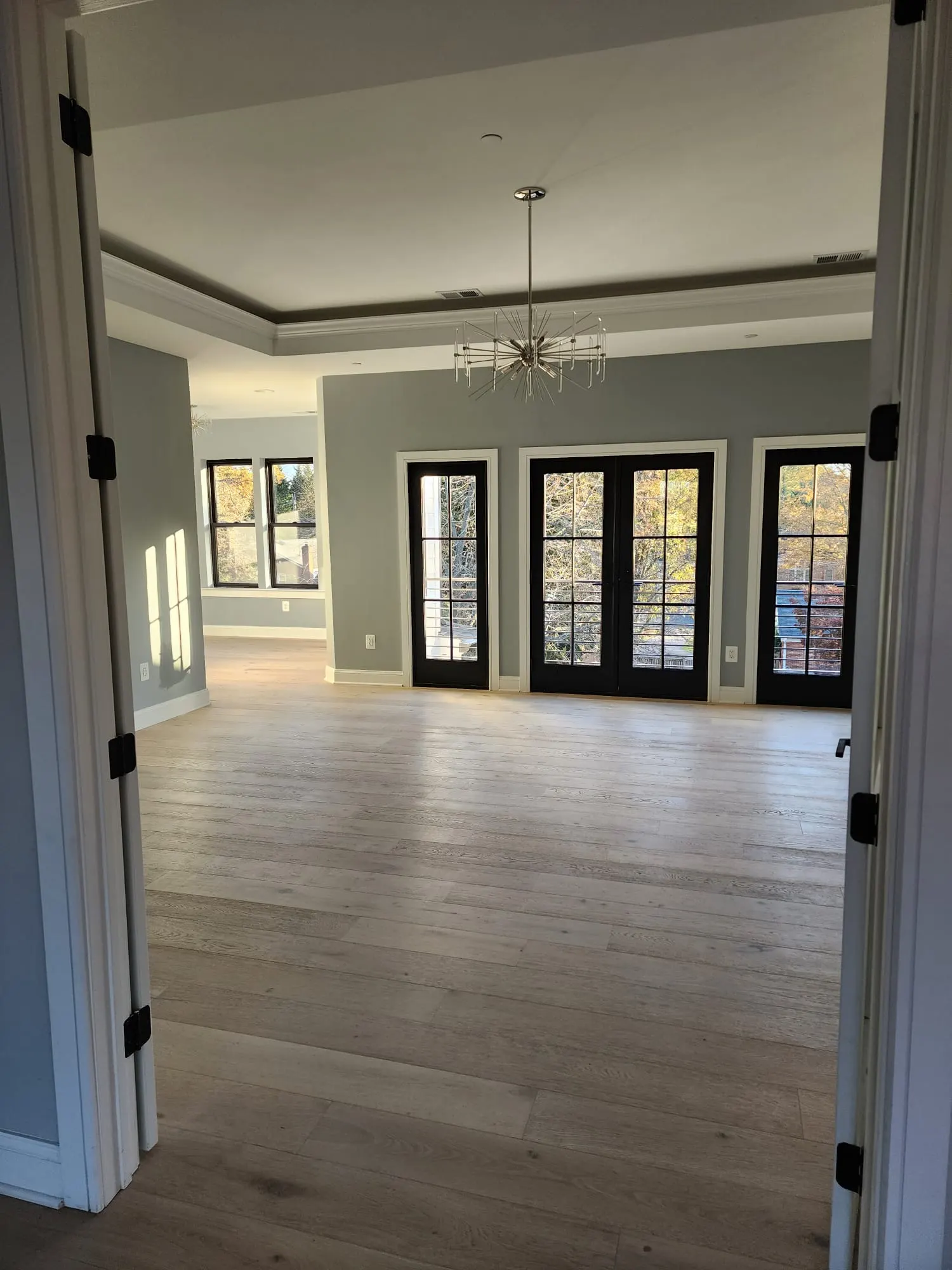 Bedroom with tray ceiling, chandelier, and French doors to balcony
